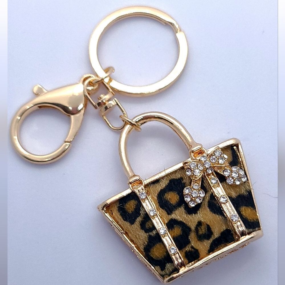Leopard Mini Handbag Keychain Rhinestone Bow Cowhide Purse Charm Wild Glam Gift